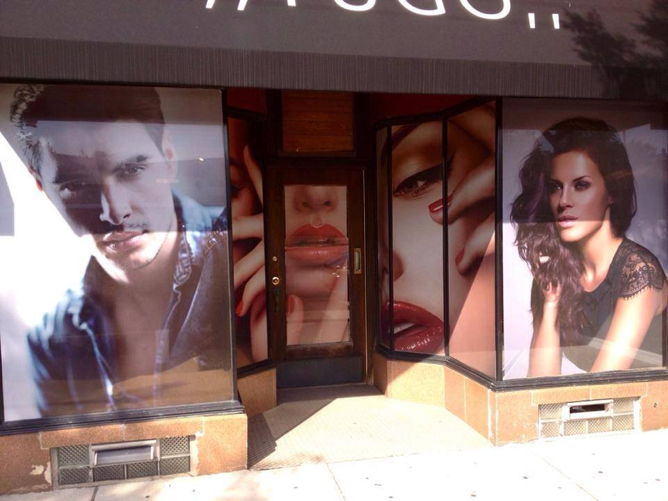 perforated window graphics idea for hair salon in chicago